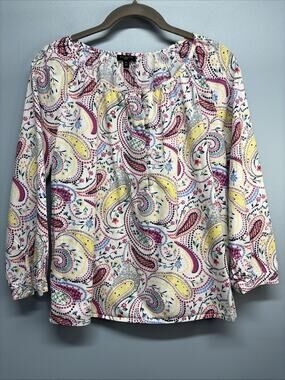 Talbots Womens Paisley Blouse Top Size MP - 3/4 Sleeve - Button Beachy Colorful